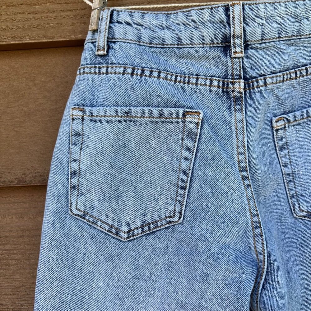 Distressed Blue Denim Jeans W/ Rhinestone Trim & Raw Hem For Women - Picture 13 of 14
